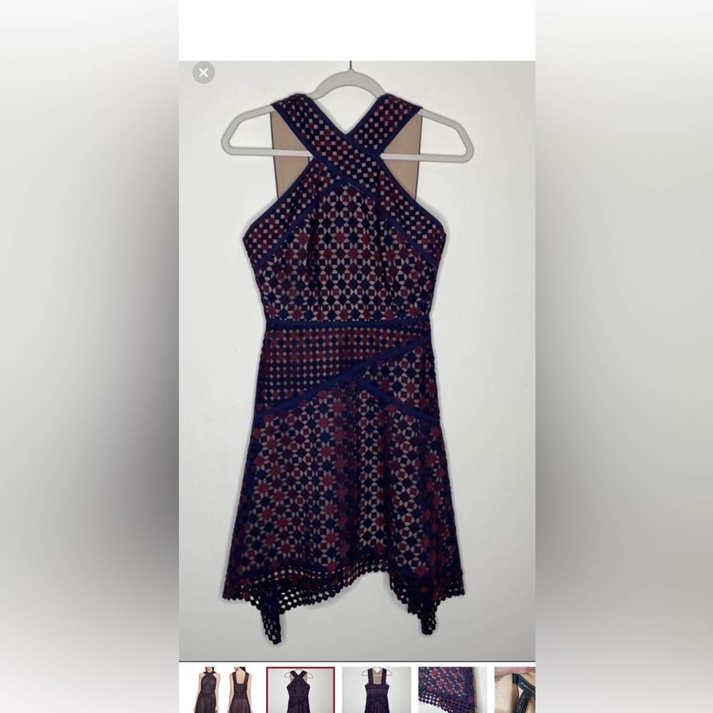 BCBGMaxAzria Sofia Dress Criss Cross Halter Navy Blue Maroon Lace Embroidery 4